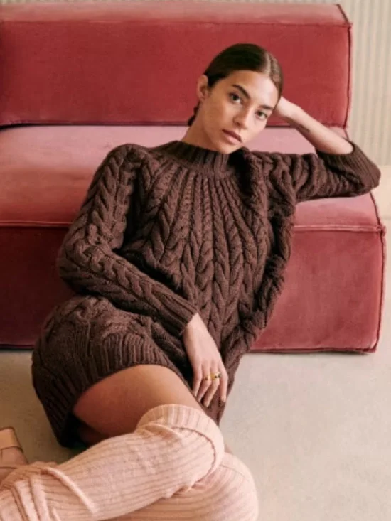 Sézane Drew Merino Wool Cable Knit Sweater Dress Brown Size Medium - Picture 2 of 13